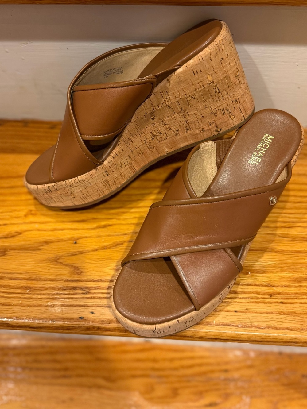 Michael Kors Tan Leather Cork Wedge Slide Sandals